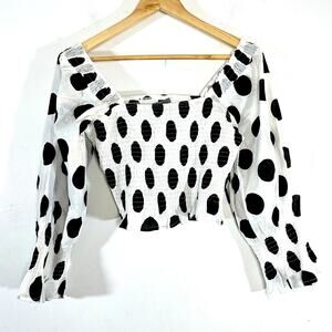 AIDEN Polka Dot Top smocked cropped off shoulder Womans Large NWT